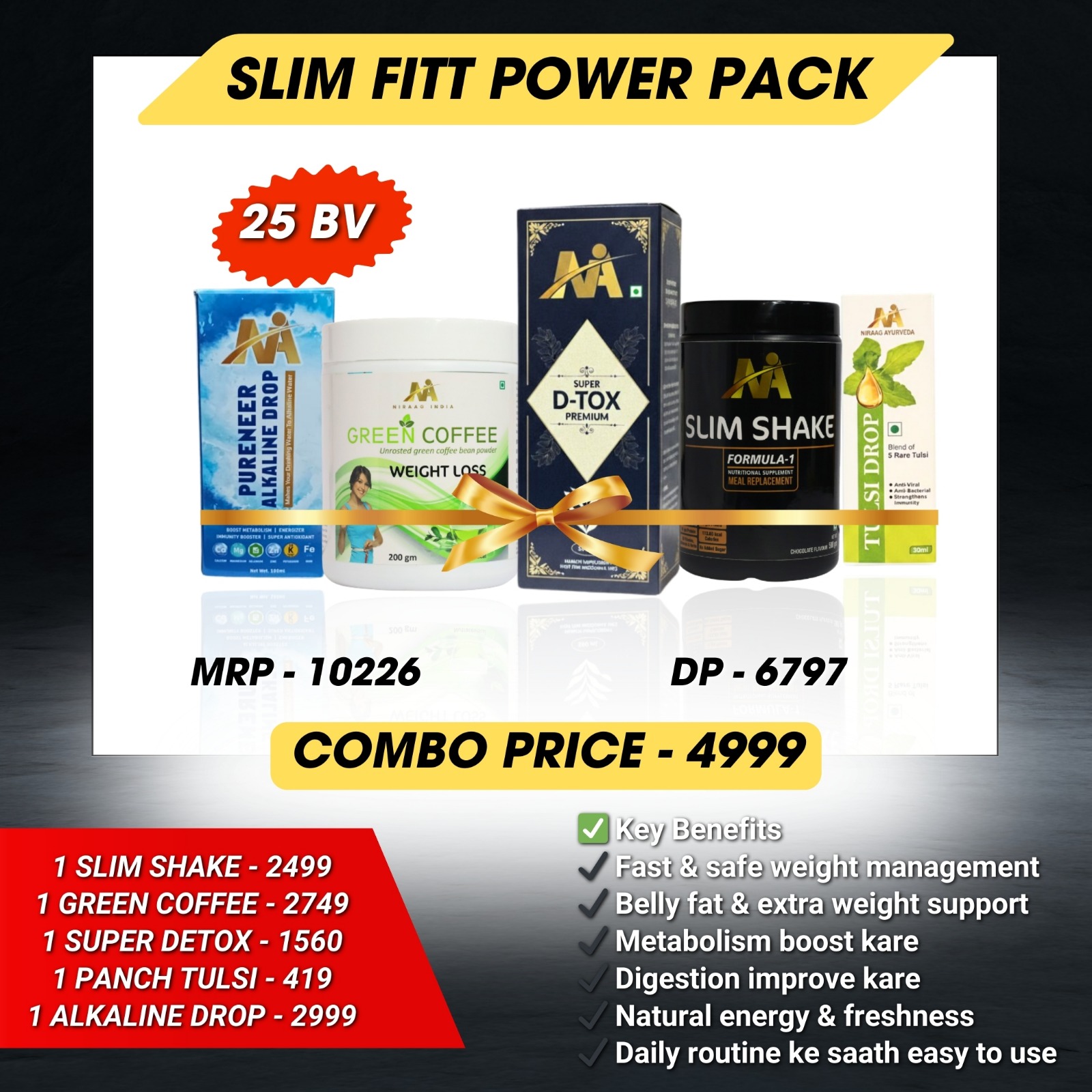 SLIM FITT POWER PACK(SLIM SHAKE,GREEN COFFEE,SUPER D-TOX ,PUNCH TULSI,ALKALINE DROP)